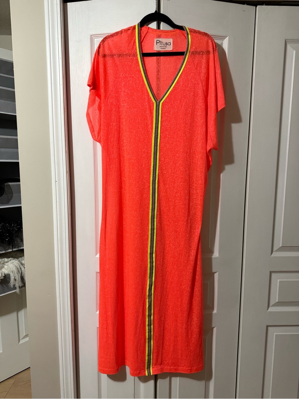 Pitusa Neon Orange V-Neck Maxi Coverup Dress with Striped Trim